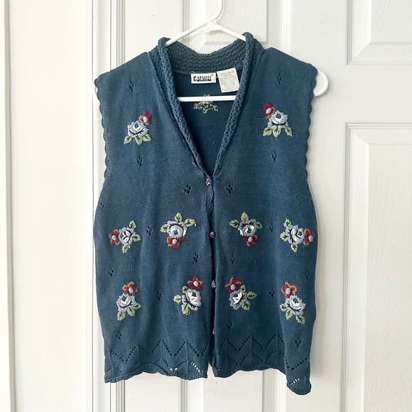 Capacity Petites Vintage 90s Blue Floral Pointelle Knit Button Vest Sweater MP - Picture 1 of 10